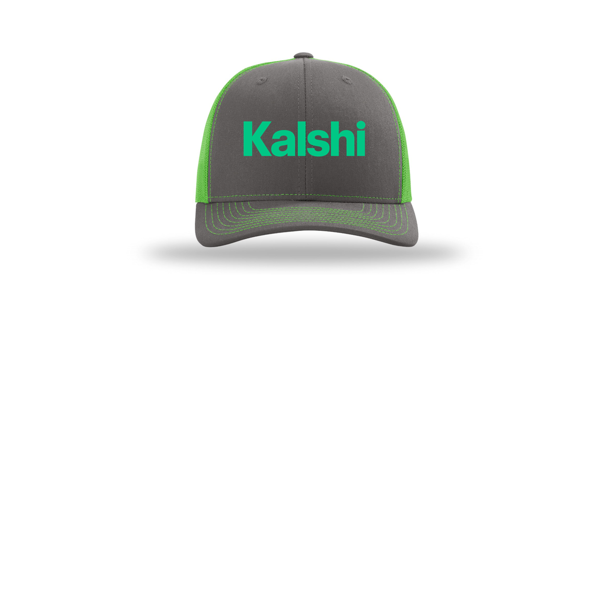 kalshi-richardson-trucker-cap-embroidery-capfront-R112-charcoalneongreen-flat-front