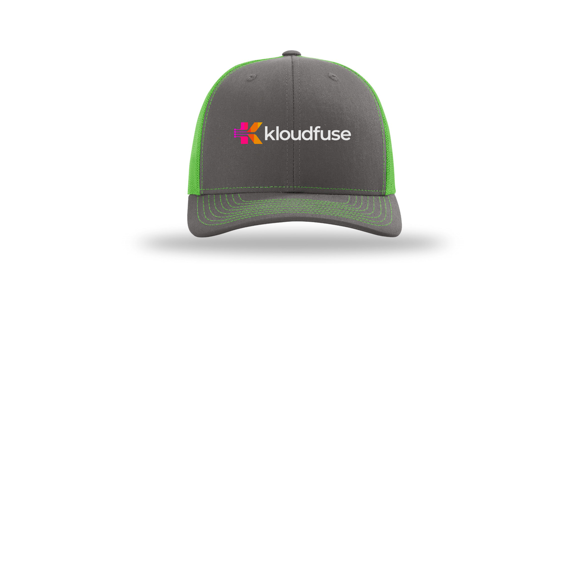 kloudfuse-richardson-trucker-cap-embroidery-capfront-R112-charcoalneongreen-flat-front
