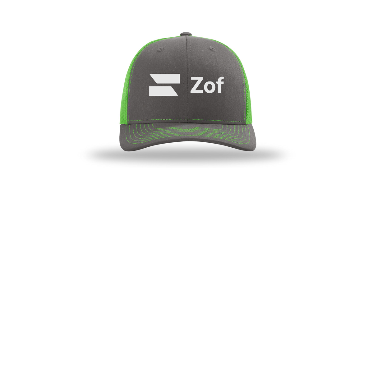 zof-richardson-trucker-cap-embroidery-capfront-R112-charcoalneongreen-flat-front