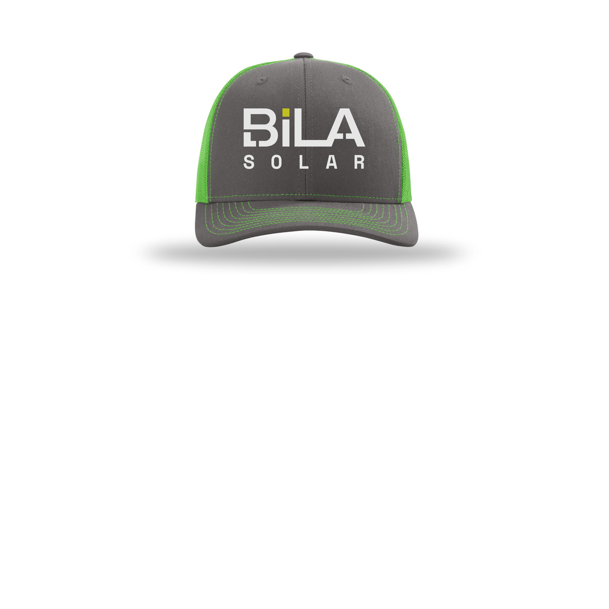 bilasolar-richardson-trucker-cap-embroidery-capfront-R112-charcoalneongreen-flat-front