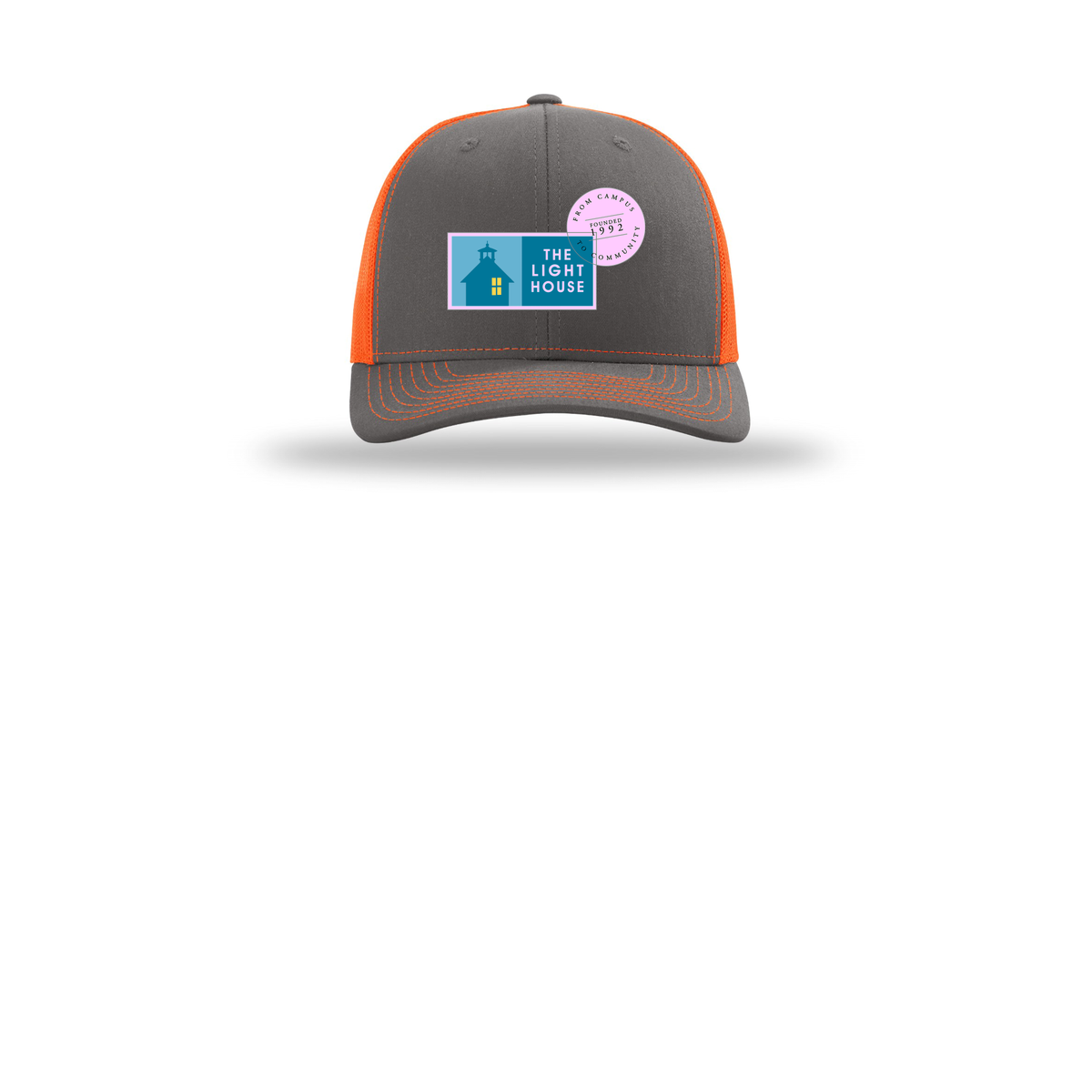lhcampus-richardson-trucker-cap-embroidery-capfront-R112-charcoalneonorange-flat-front