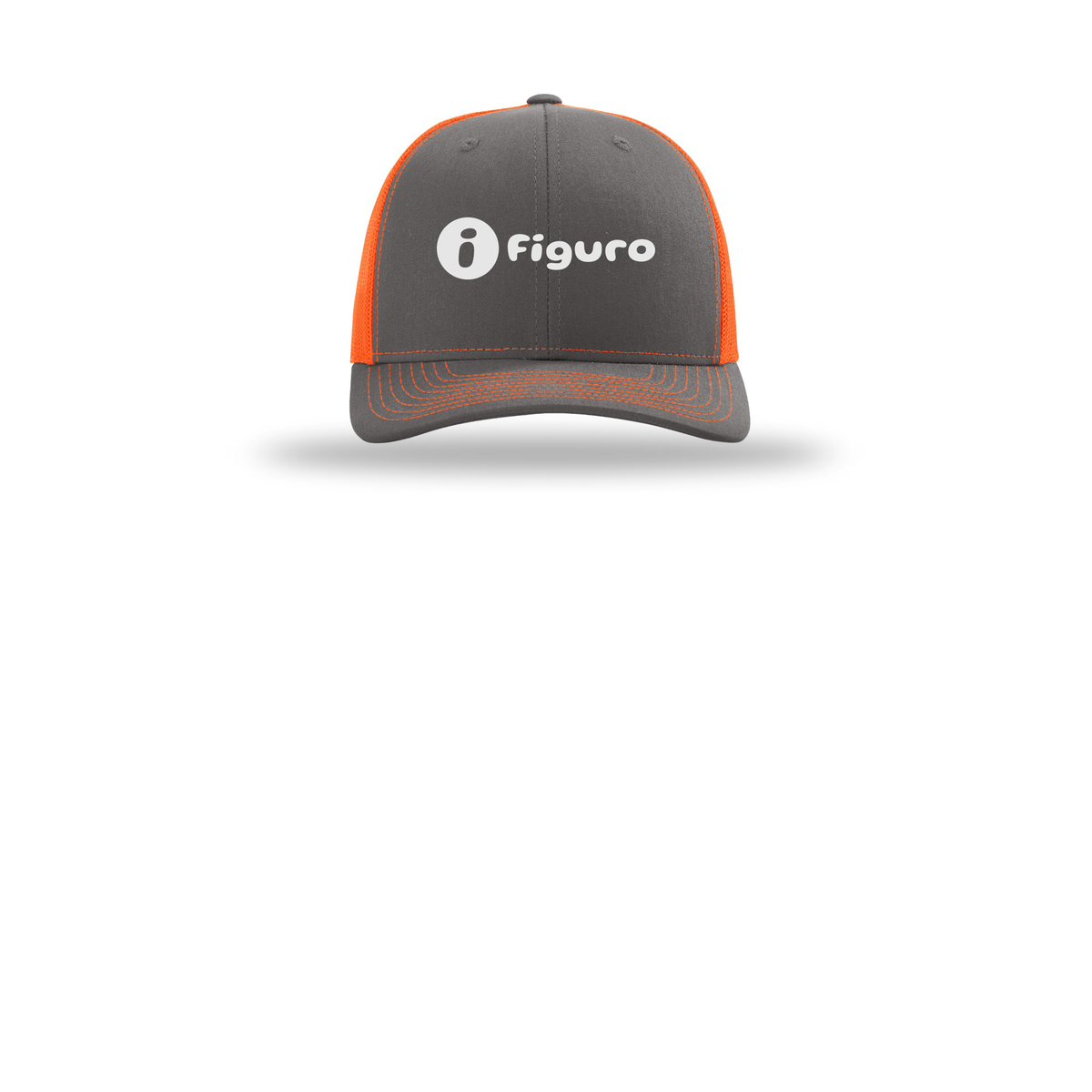getfiguro-richardson-trucker-cap-embroidery-capfront-R112-charcoalneonorange-flat-front