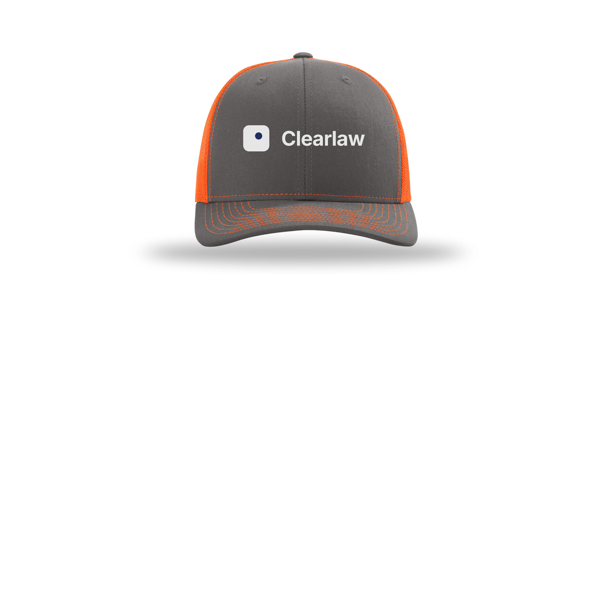 clearlaw-richardson-trucker-cap-embroidery-capfront-R112-charcoalneonorange-flat-front