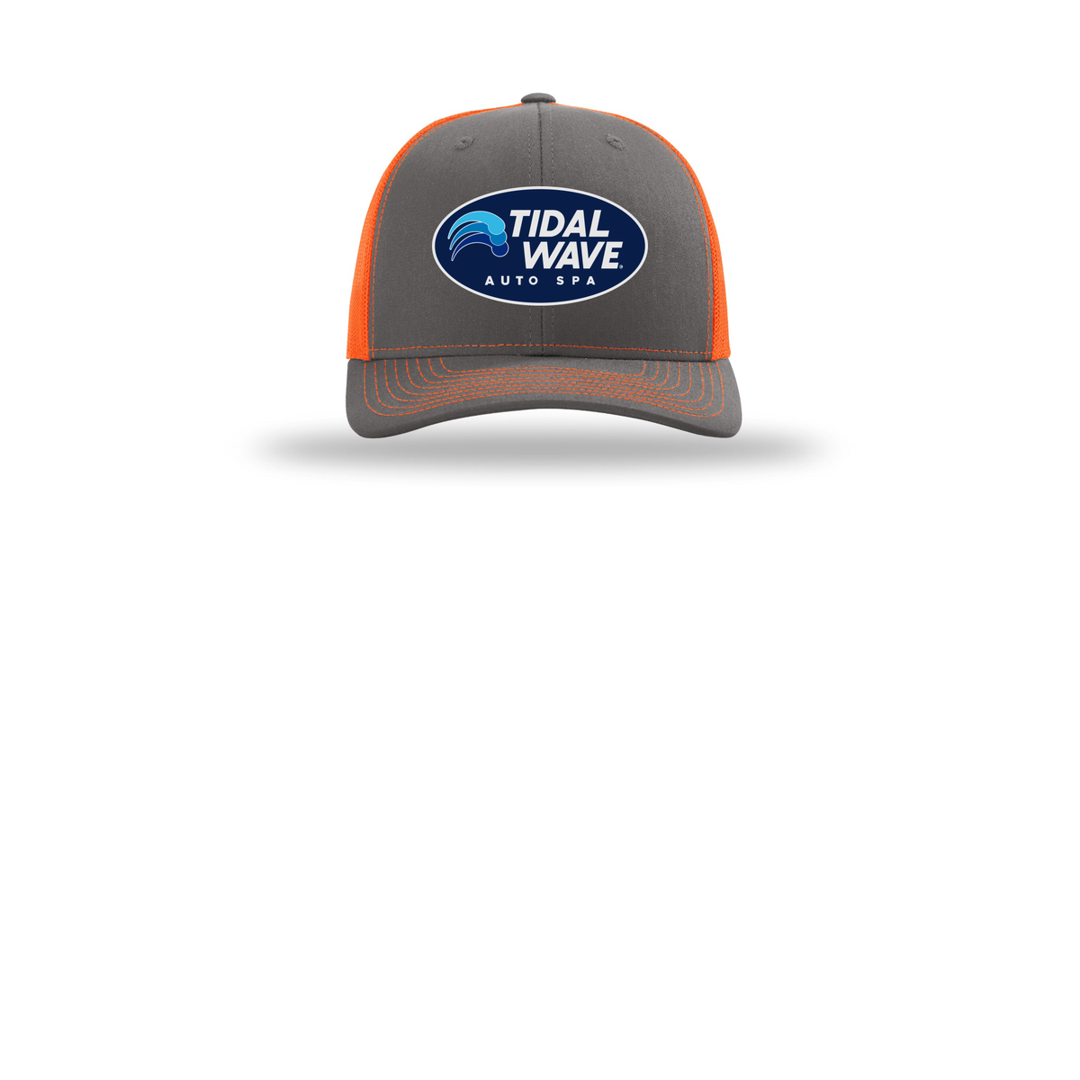 tidalwaveautospa-richardson-trucker-cap-embroidery-capfront-R112-charcoalneonorange-flat-front