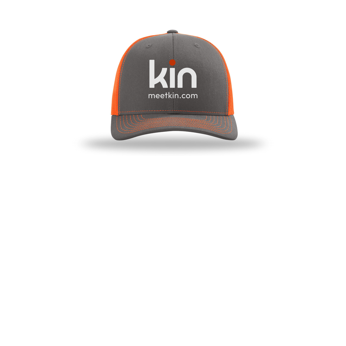 kin-richardson-trucker-cap-embroidery-capfront-R112-charcoalneonorange-flat-front