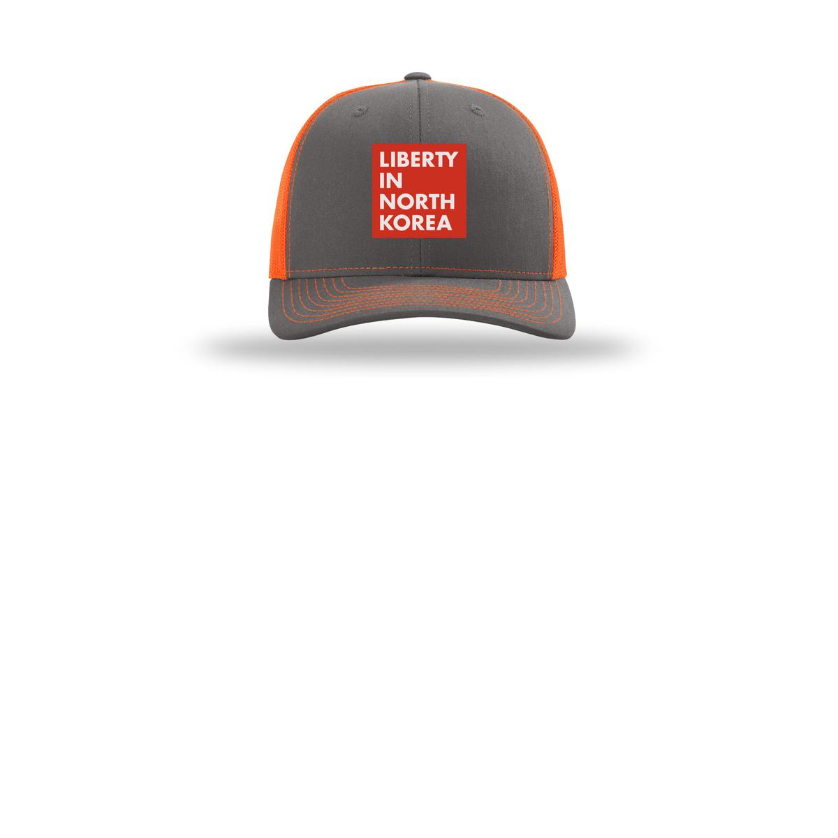 libertyinnorthkorea-richardson-trucker-cap-embroidery-capfront-R112-charcoalneonorange-flat-front