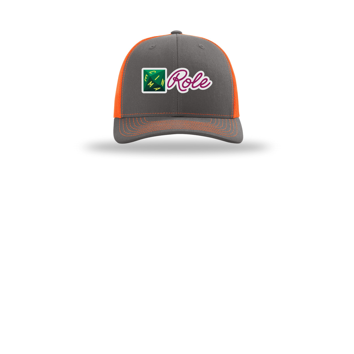 cinemarole-richardson-trucker-cap-embroidery-capfront-R112-charcoalneonorange-flat-front