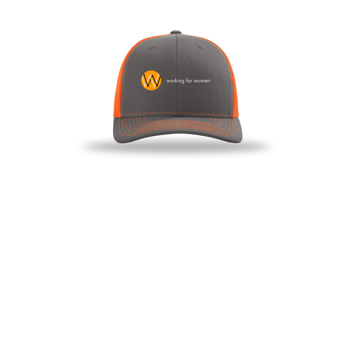 workingforwomen-richardson-trucker-cap-embroidery-capfront-R112-charcoalneonorange-flat-front