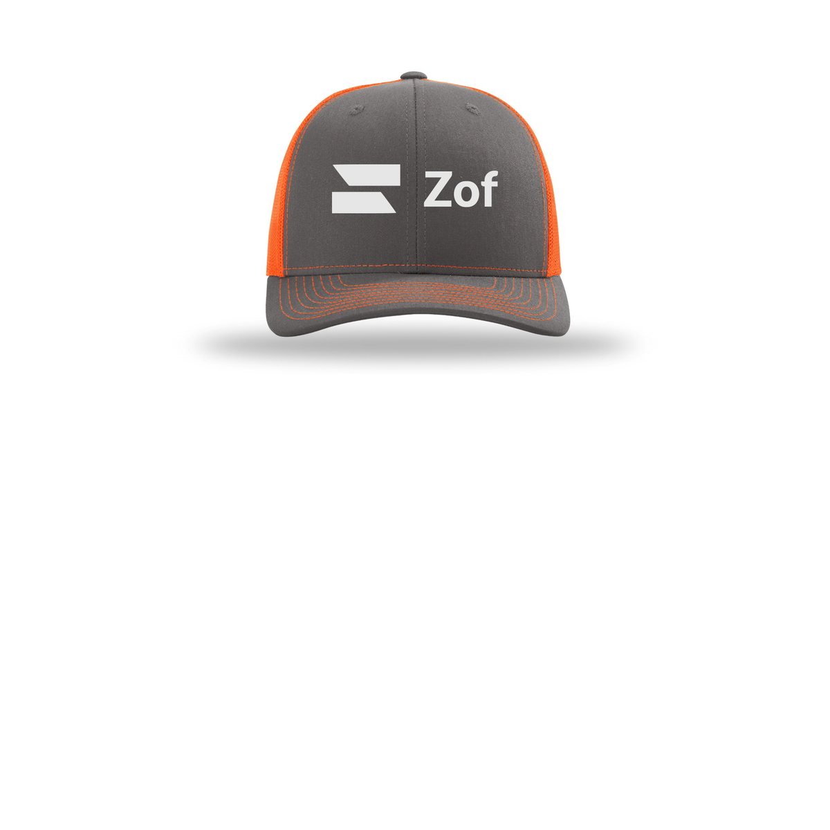 zof-richardson-trucker-cap-embroidery-capfront-R112-charcoalneonorange-flat-front