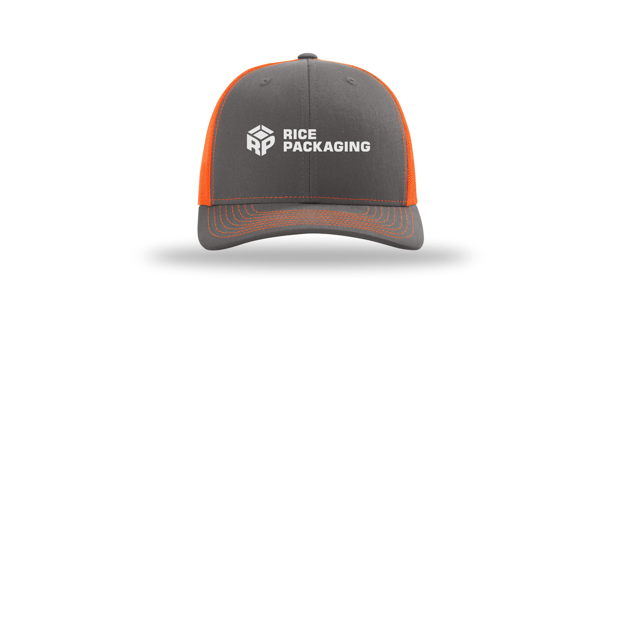 ricepackaging-richardson-trucker-cap-embroidery-capfront-R112-charcoalneonorange-flat-front