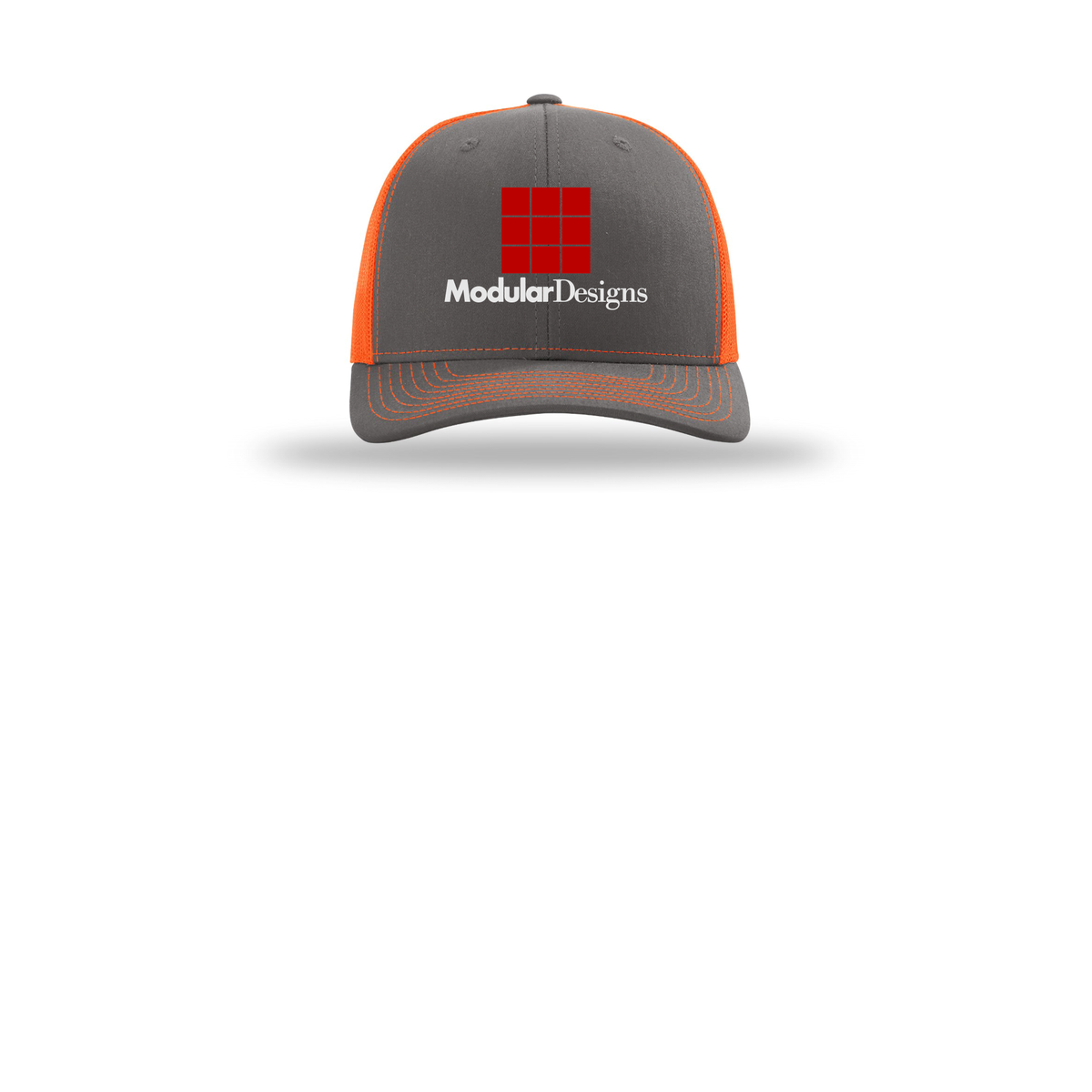modulardesignsflooring-richardson-trucker-cap-embroidery-capfront-R112-charcoalneonorange-flat-front