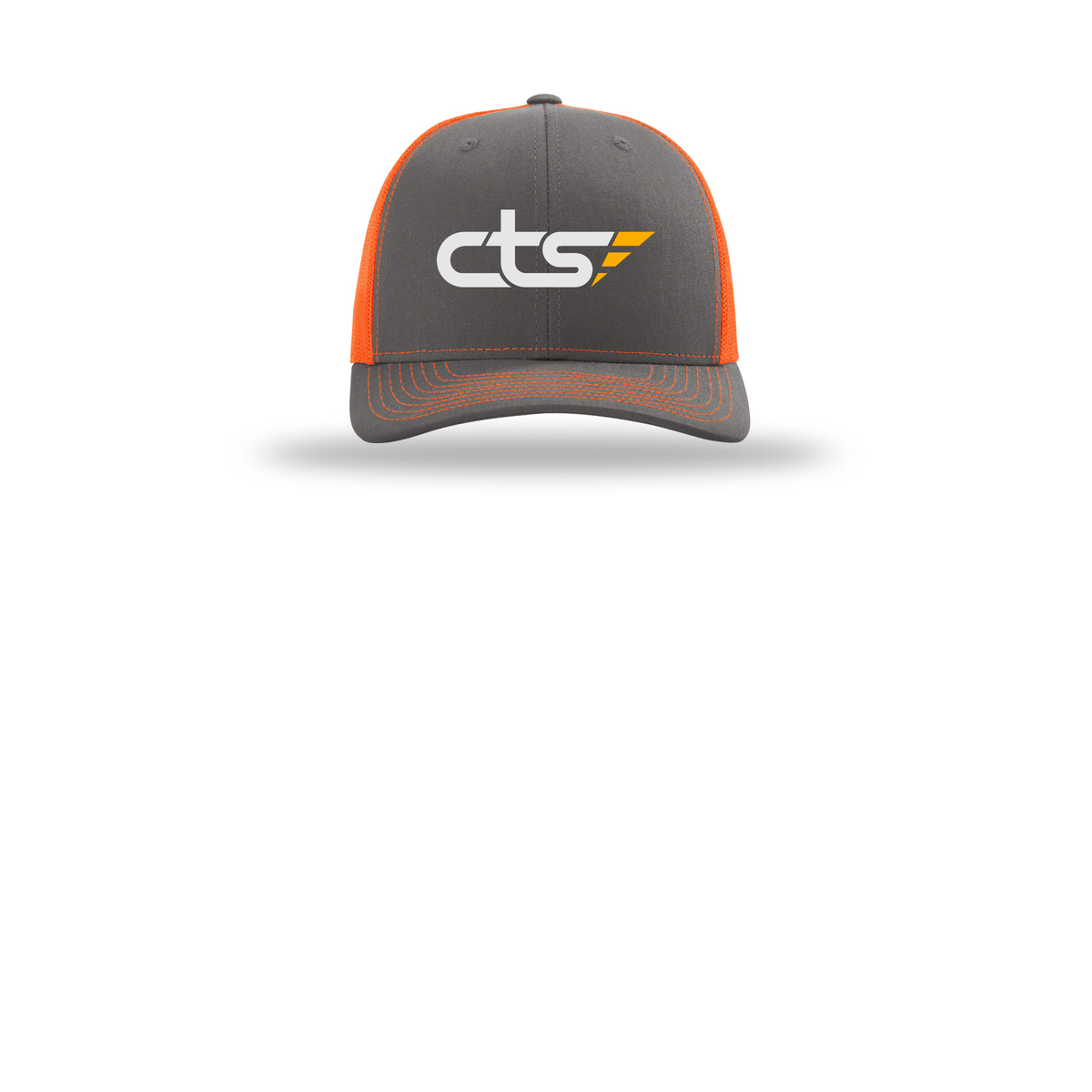 cts1-richardson-trucker-cap-embroidery-capfront-R112-charcoalneonorange-flat-front