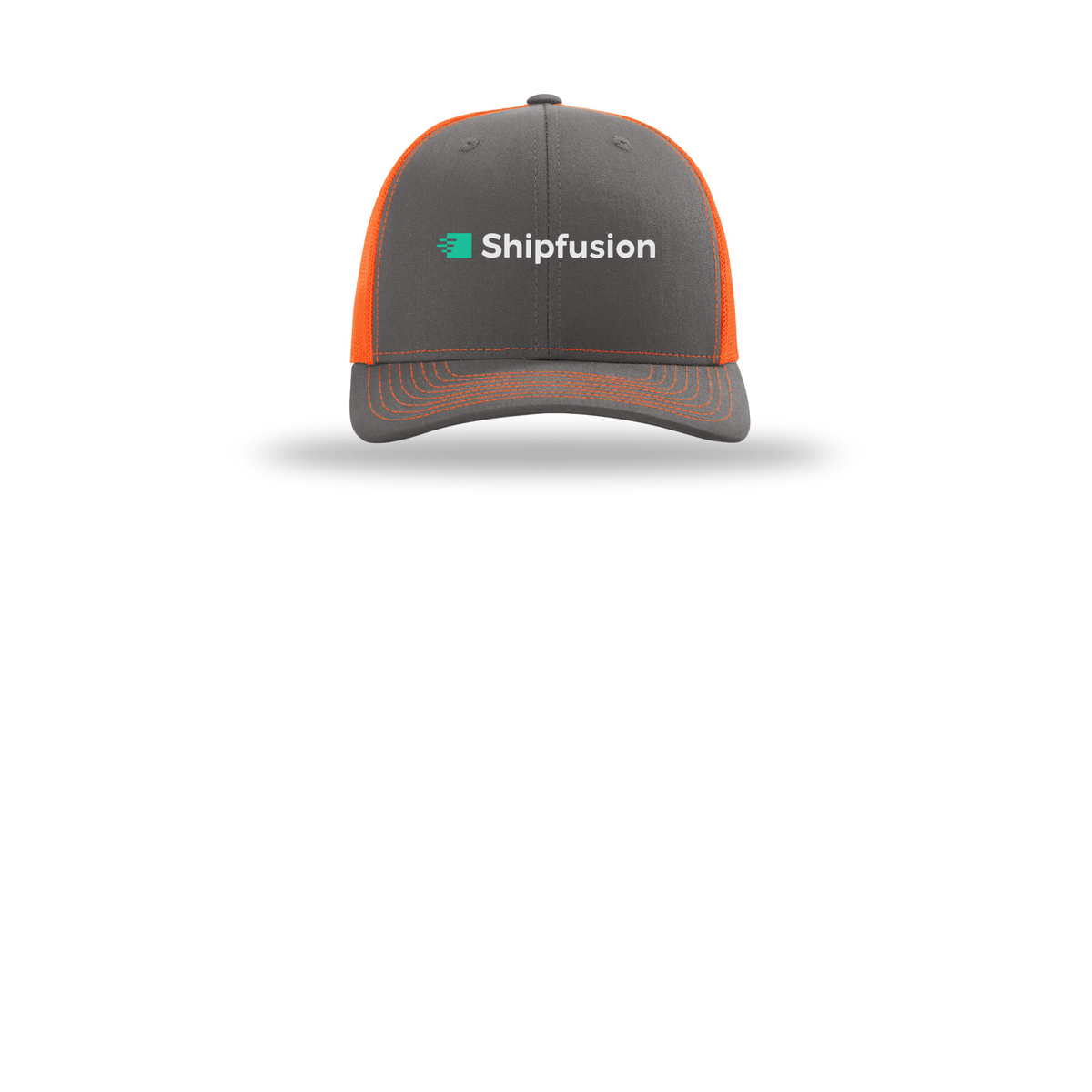 shipfusion-richardson-trucker-cap-embroidery-capfront-R112-charcoalneonorange-flat-front