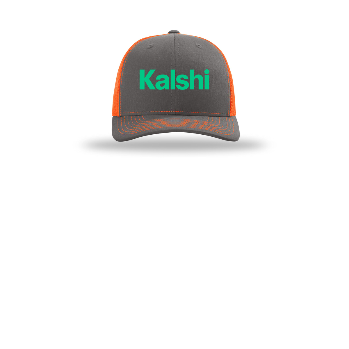 kalshi-richardson-trucker-cap-embroidery-capfront-R112-charcoalneonorange-flat-front