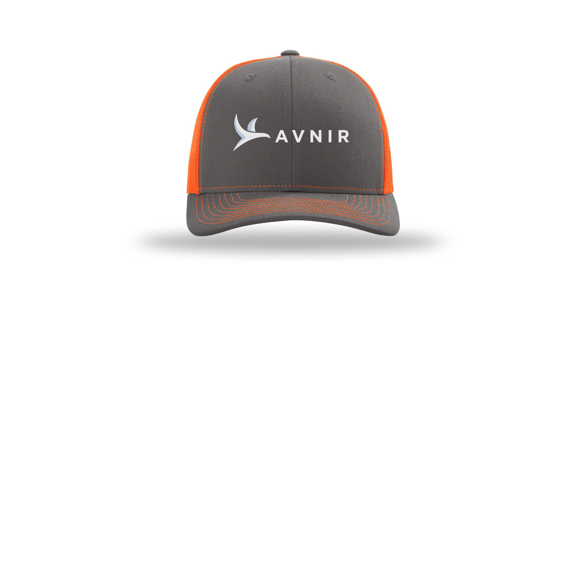 avnir-richardson-trucker-cap-embroidery-capfront-R112-charcoalneonorange-flat-front