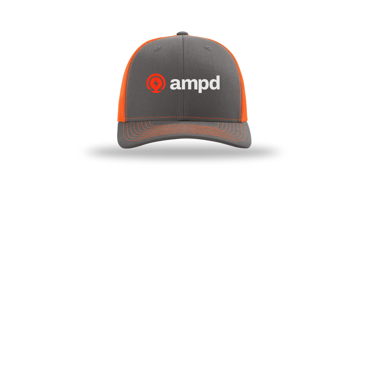 ampd-richardson-trucker-cap-embroidery-capfront-R112-charcoalneonorange-flat-front