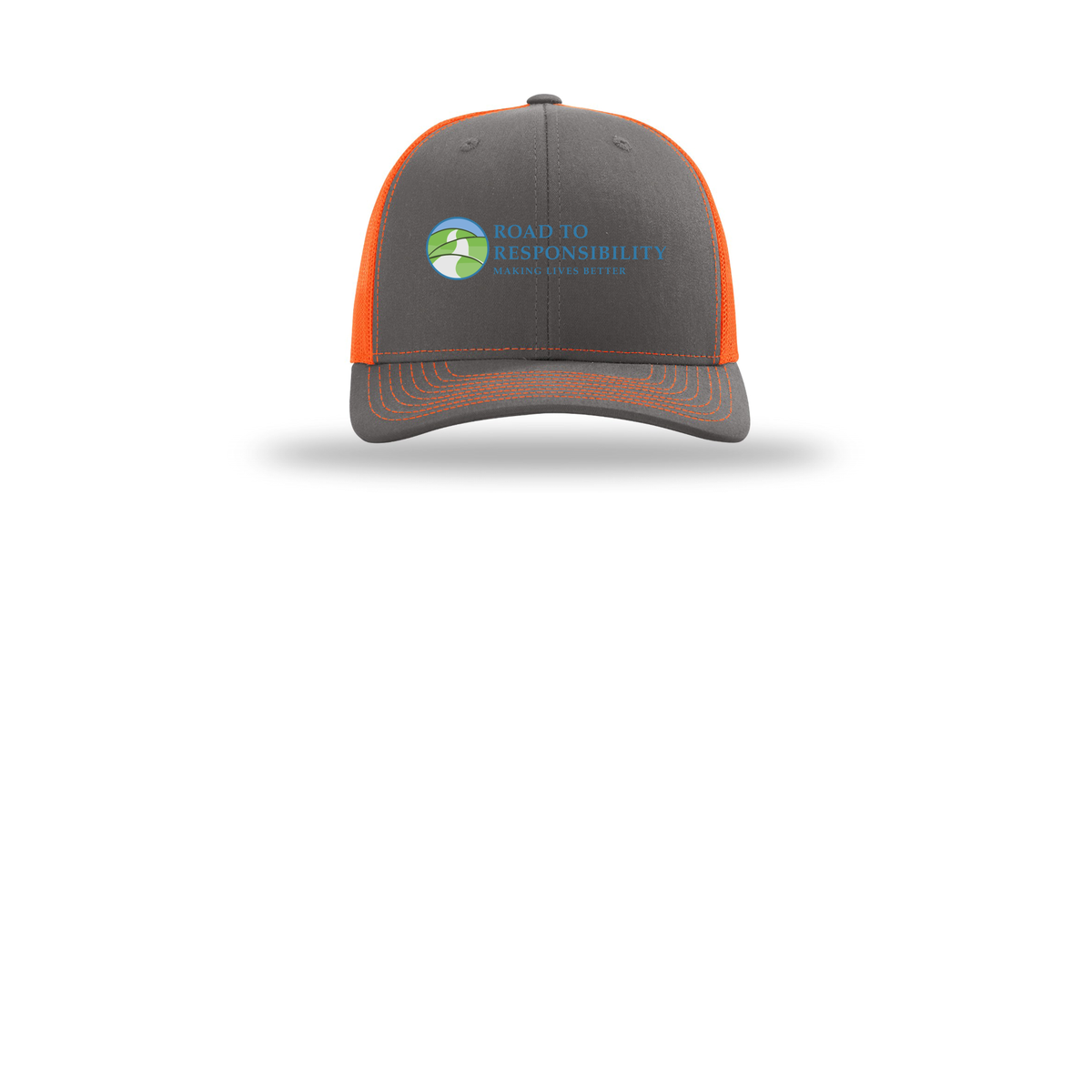 roadtoresponsibility-richardson-trucker-cap-embroidery-capfront-R112-charcoalneonorange-flat-front