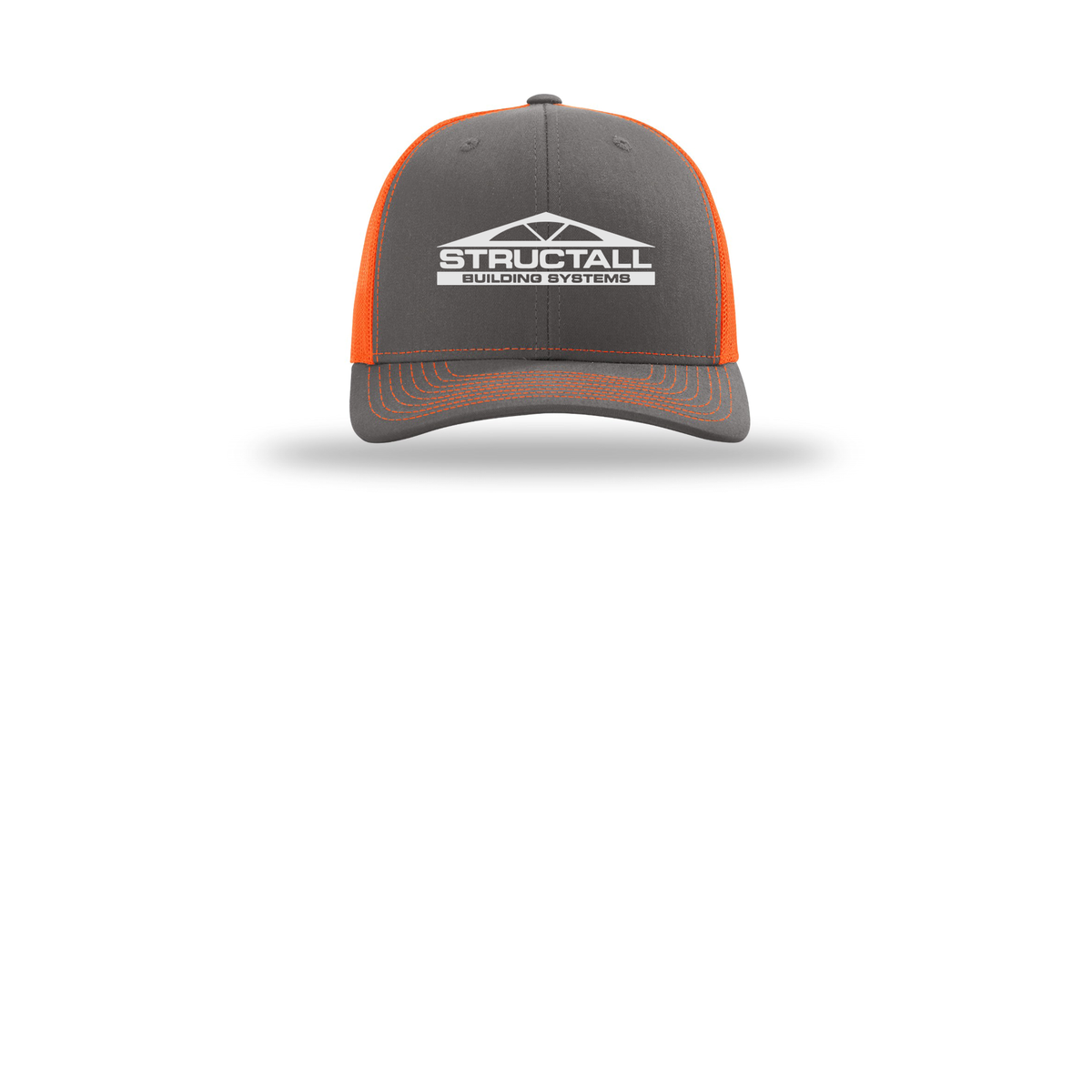 structall-richardson-trucker-cap-embroidery-capfront-R112-charcoalneonorange-flat-front