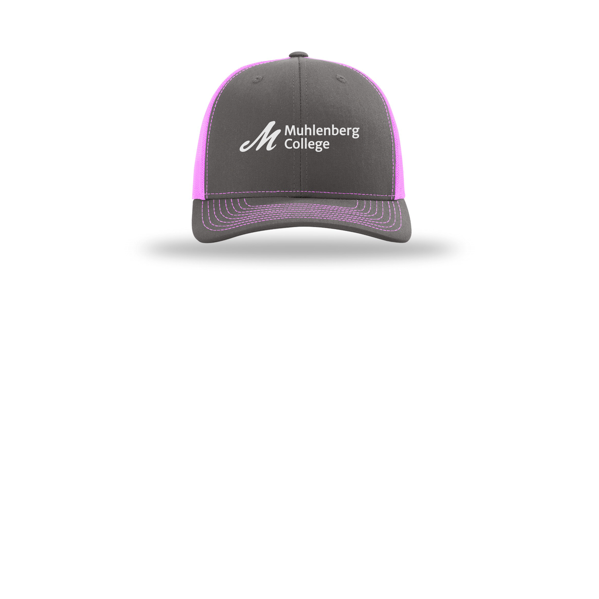 muhlenberg-richardson-trucker-cap-embroidery-capfront-R112-charcoalneonpink-flat-front