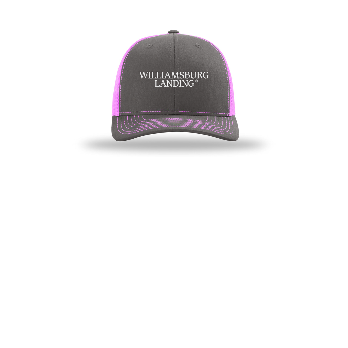 williamsburglanding-richardson-trucker-cap-embroidery-capfront-R112-charcoalneonpink-flat-front