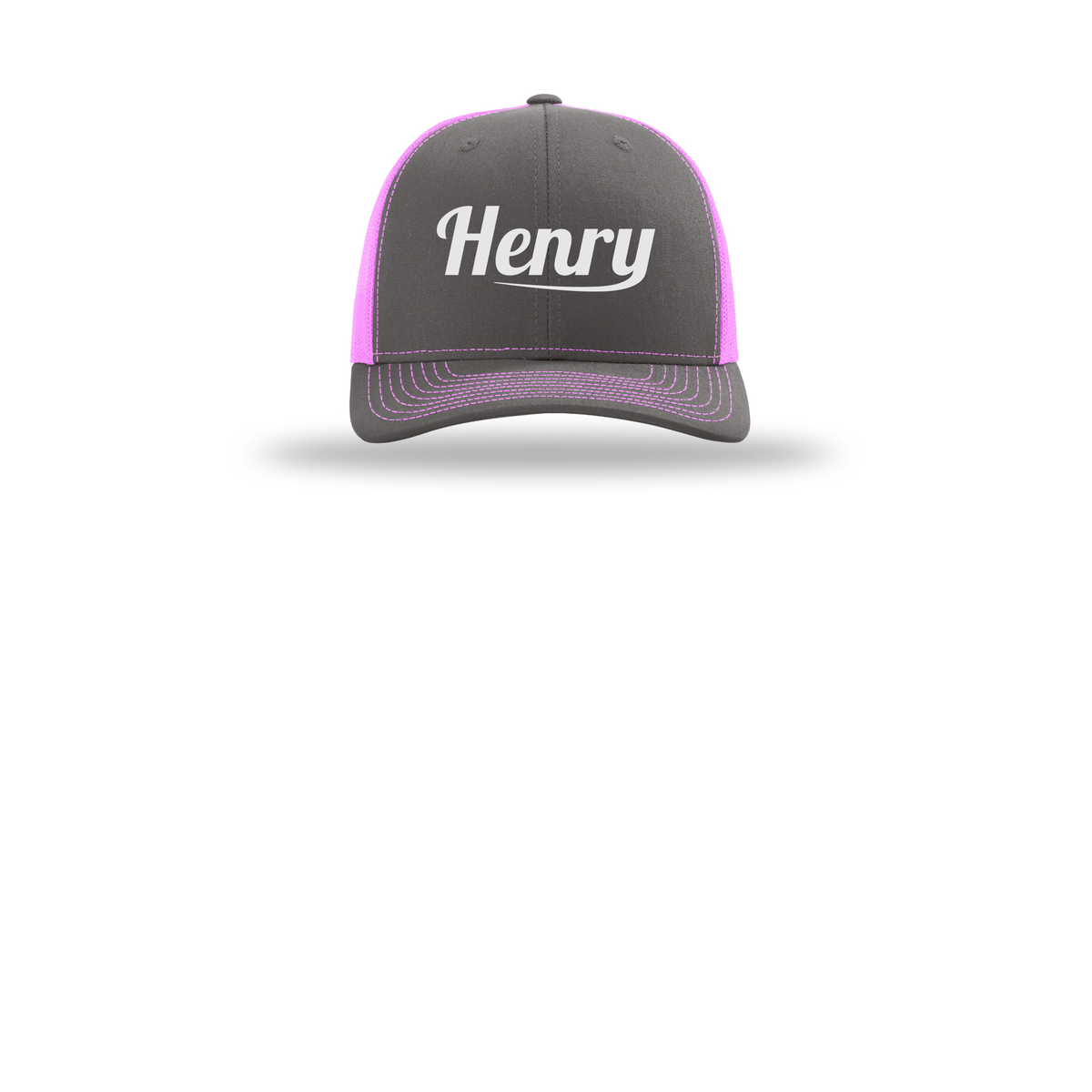 henrymeds-richardson-trucker-cap-embroidery-capfront-R112-charcoalneonpink-flat-front