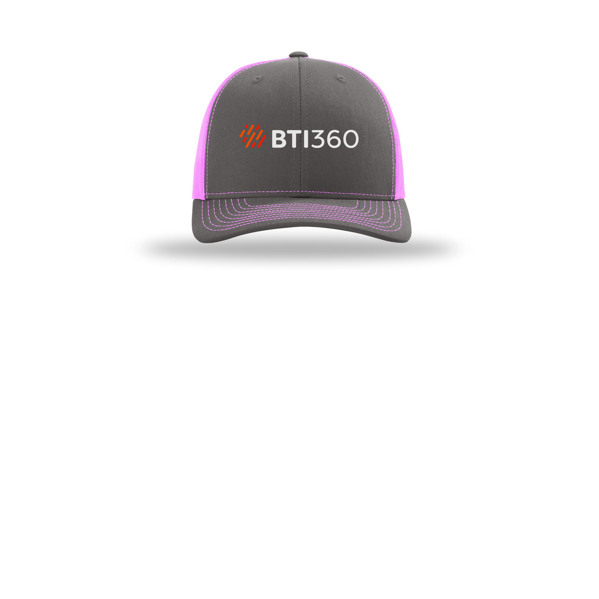bti360-richardson-trucker-cap-embroidery-capfront-R112-charcoalneonpink-flat-front