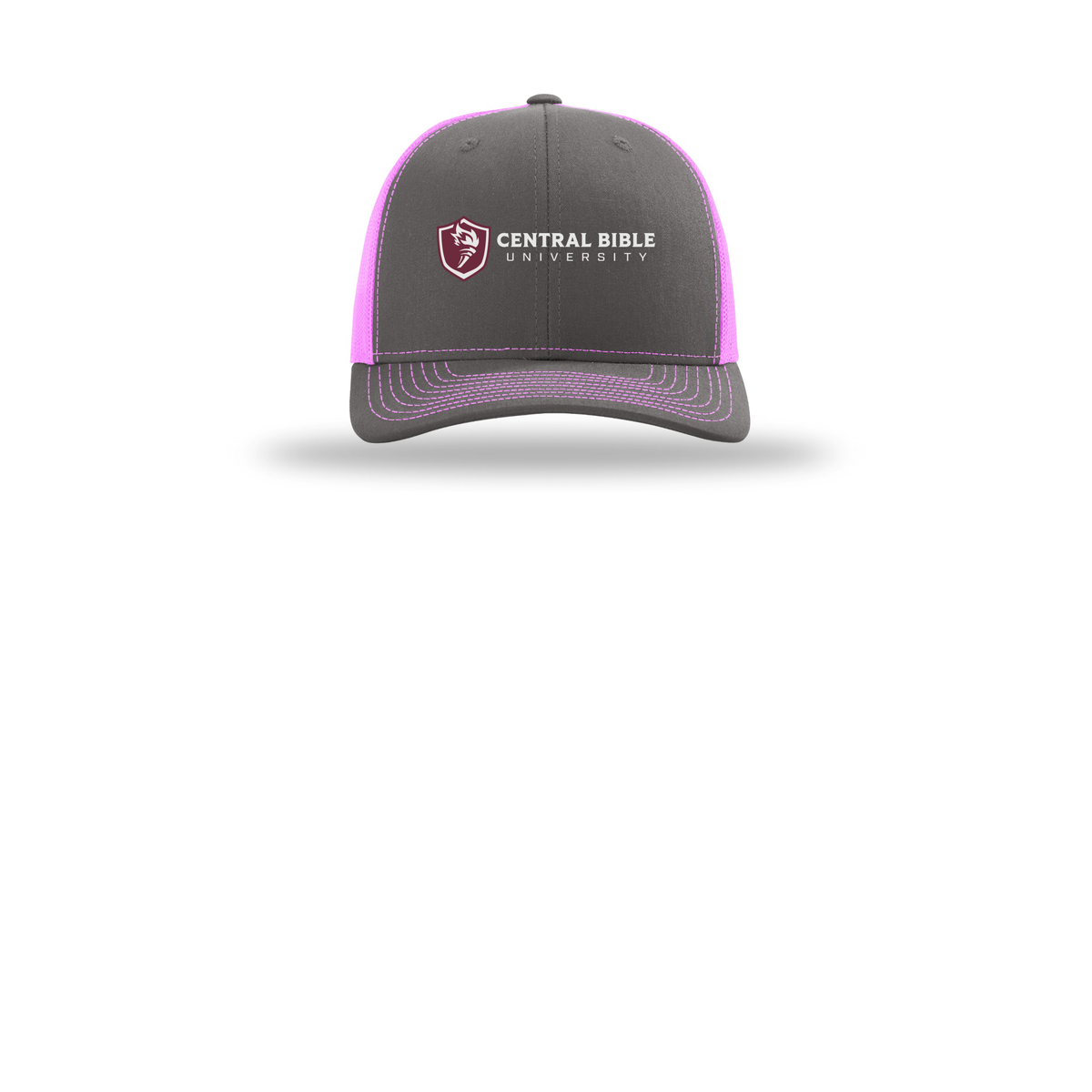 centralbible-richardson-trucker-cap-embroidery-capfront-R112-charcoalneonpink-flat-front