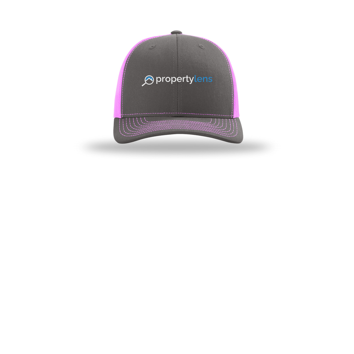 propertylens-richardson-trucker-cap-embroidery-capfront-R112-charcoalneonpink-flat-front