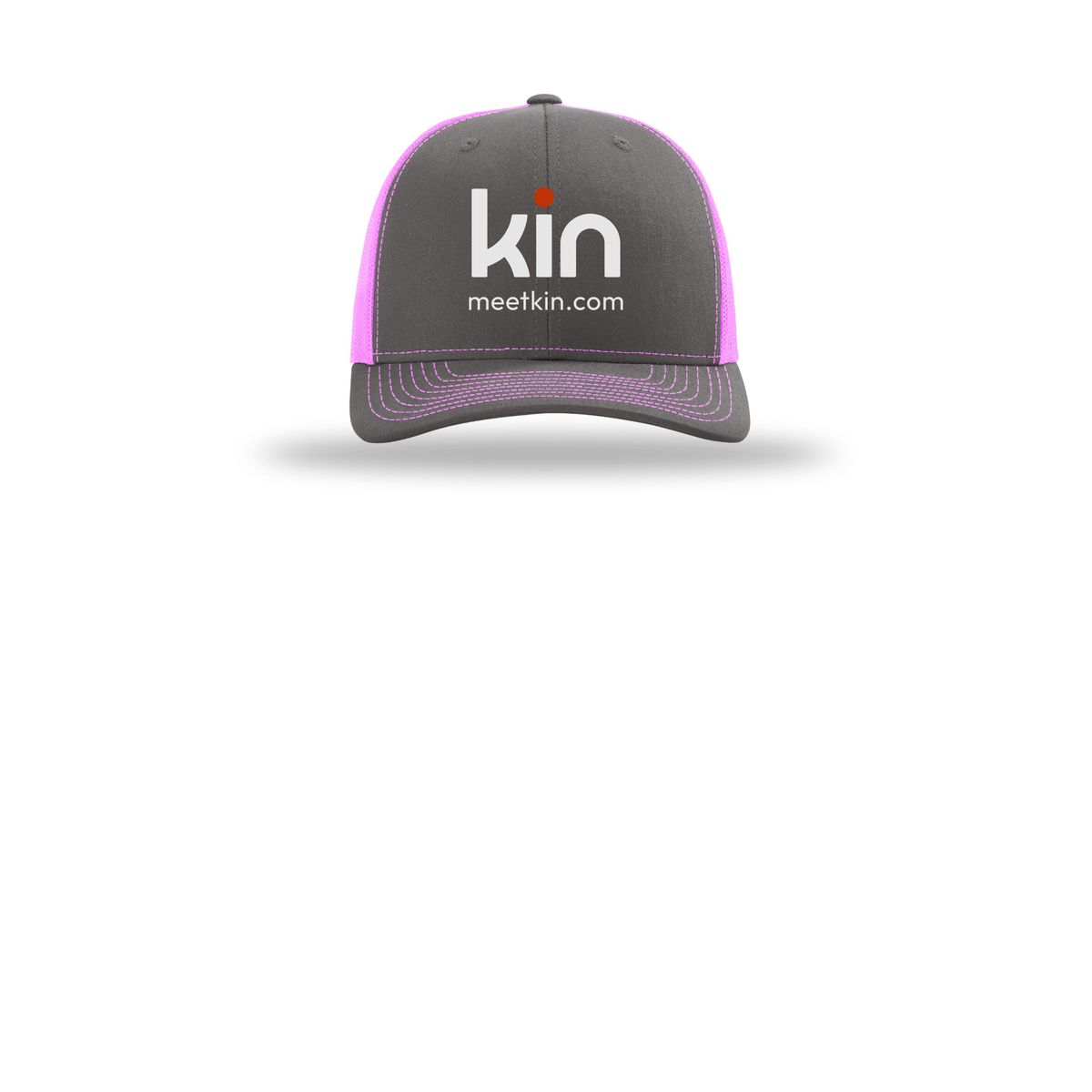 kin-richardson-trucker-cap-embroidery-capfront-R112-charcoalneonpink-flat-front
