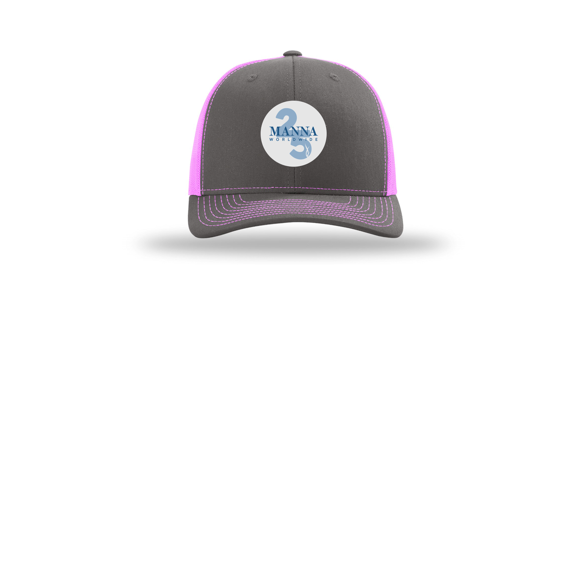 mannaworldwide-richardson-trucker-cap-embroidery-capfront-R112-charcoalneonpink-flat-front