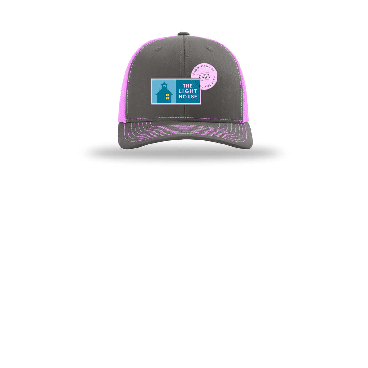 lhcampus-richardson-trucker-cap-embroidery-capfront-R112-charcoalneonpink-flat-front