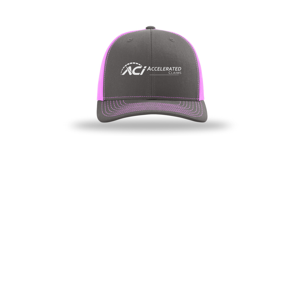 accelclaims-richardson-trucker-cap-embroidery-capfront-R112-charcoalneonpink-flat-front