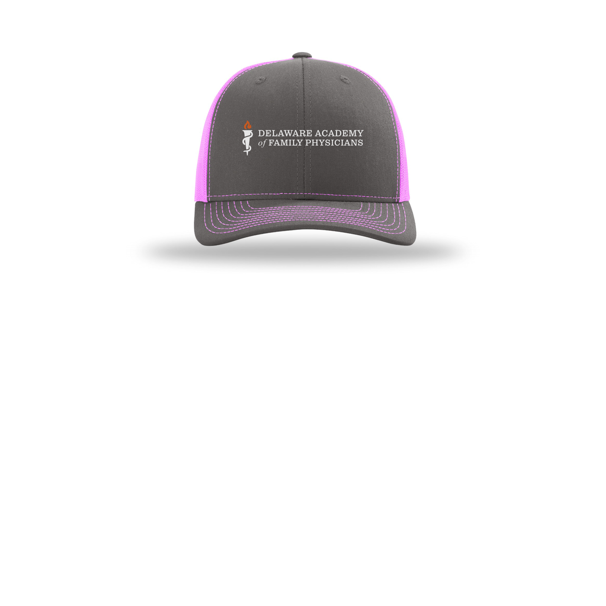 delfamdoc-richardson-trucker-cap-embroidery-capfront-R112-charcoalneonpink-flat-front