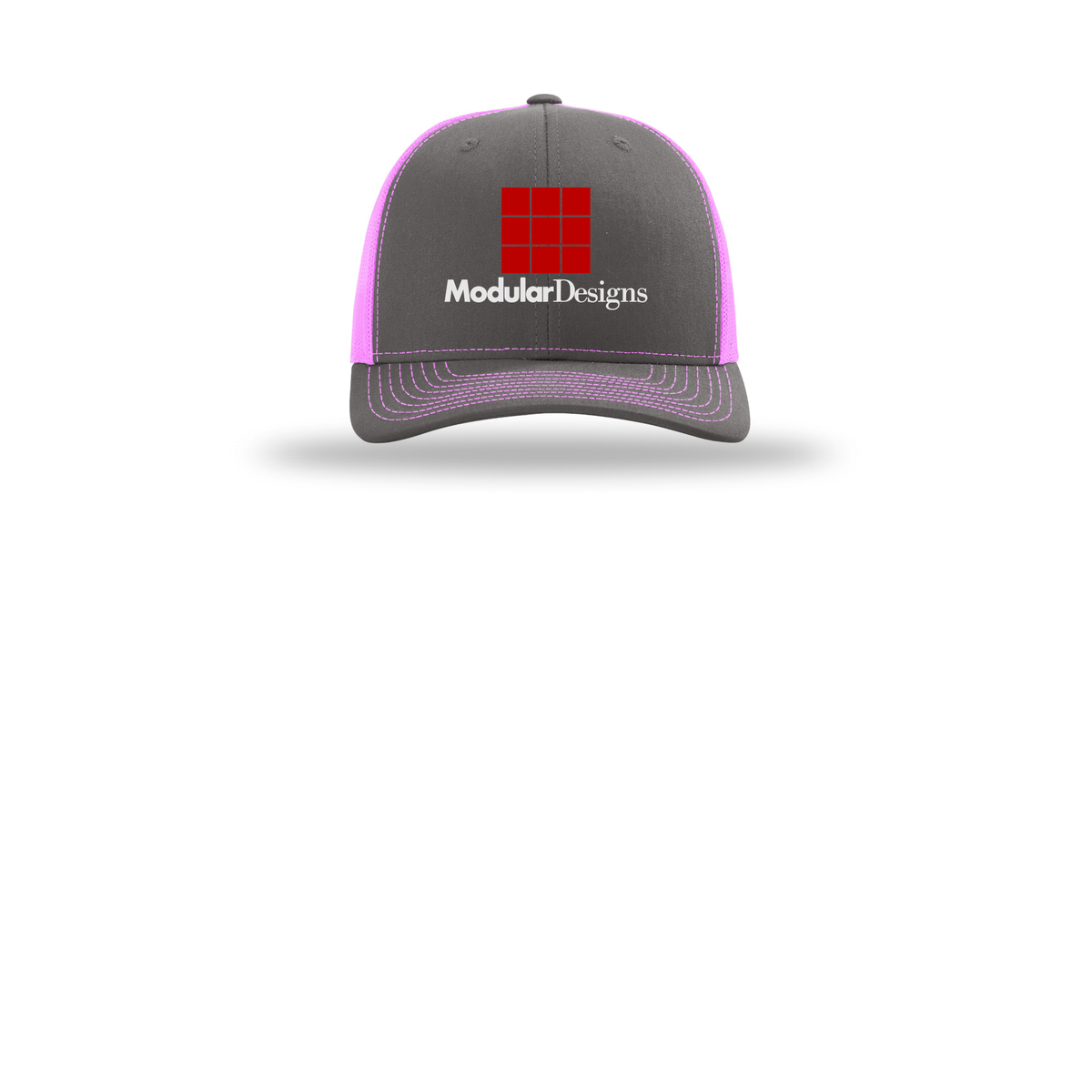 modulardesignsflooring-richardson-trucker-cap-embroidery-capfront-R112-charcoalneonpink-flat-front