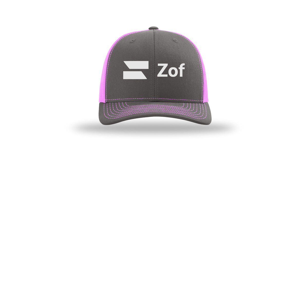 zof-richardson-trucker-cap-embroidery-capfront-R112-charcoalneonpink-flat-front