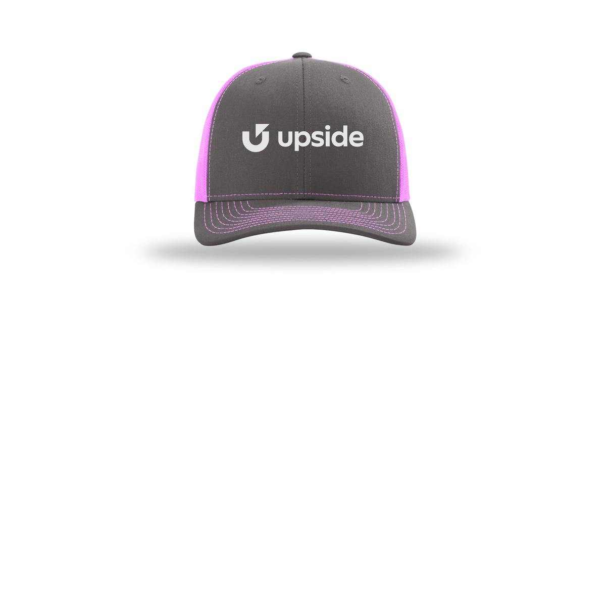 upside-richardson-trucker-cap-embroidery-capfront-R112-charcoalneonpink-flat-front