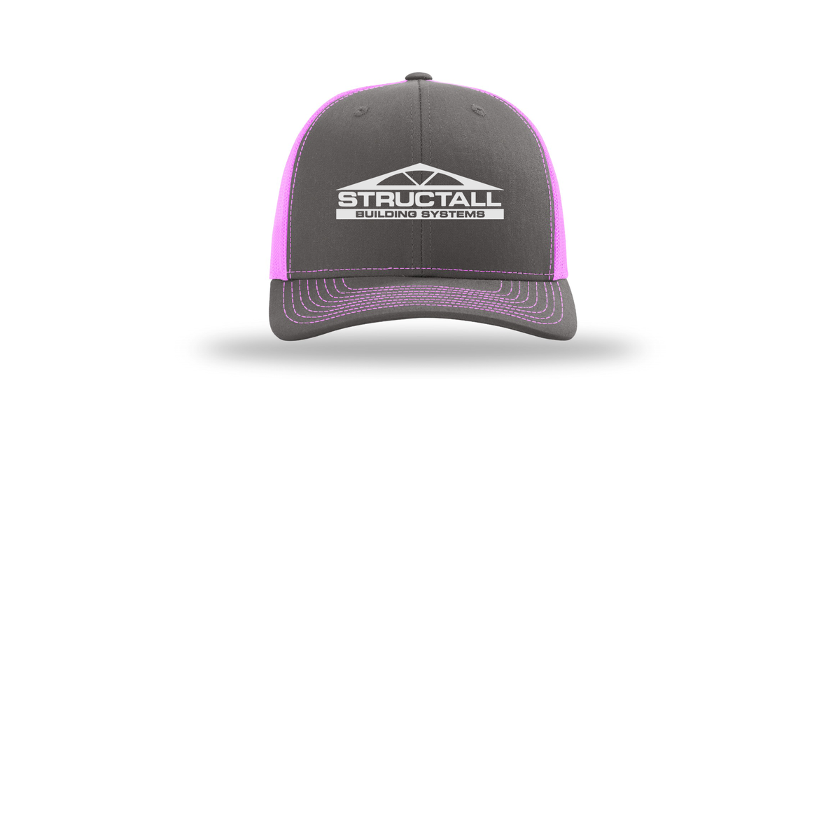structall-richardson-trucker-cap-embroidery-capfront-R112-charcoalneonpink-flat-front