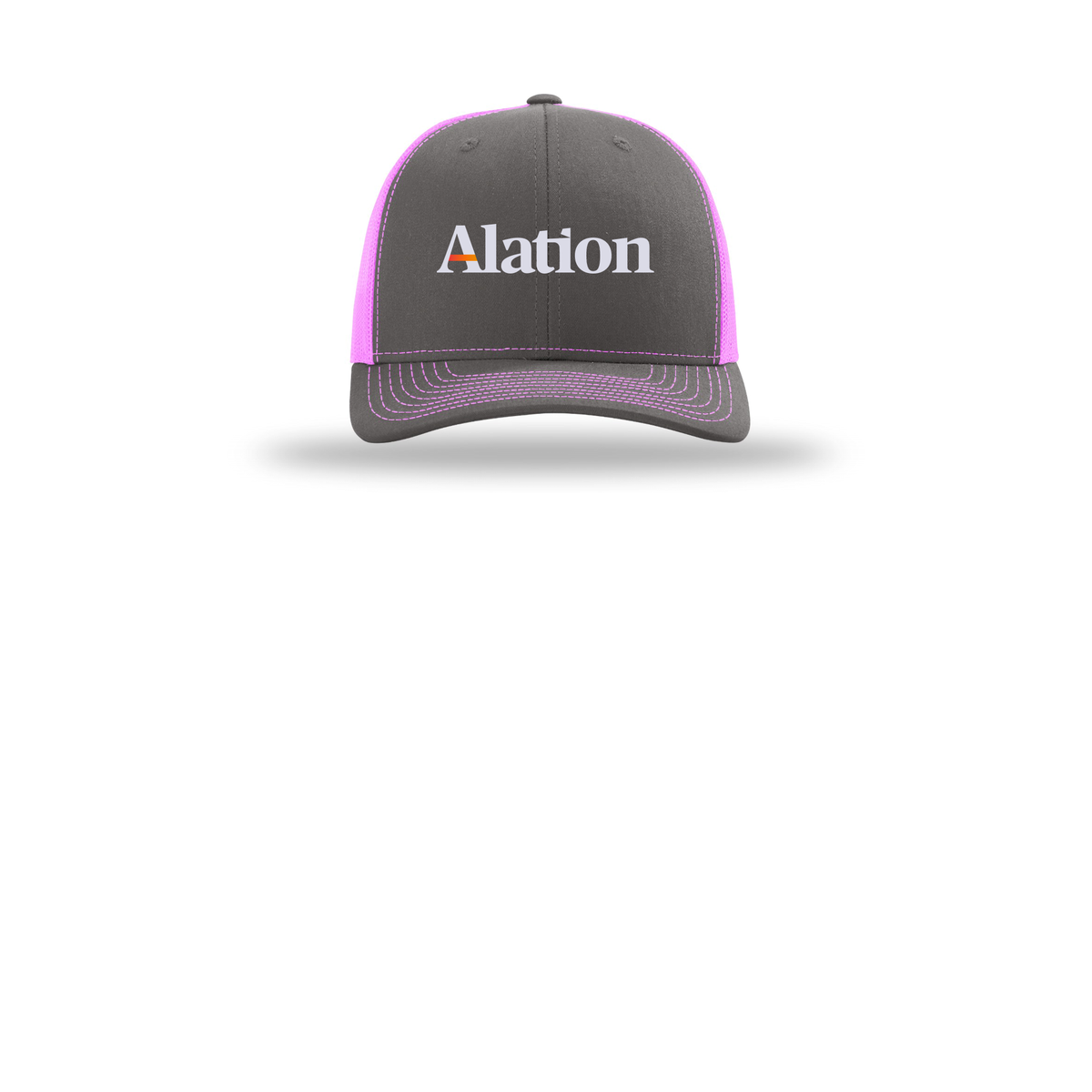 alation-richardson-trucker-cap-embroidery-capfront-R112-charcoalneonpink-flat-front