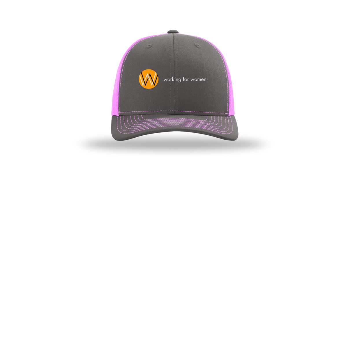 workingforwomen-richardson-trucker-cap-embroidery-capfront-R112-charcoalneonpink-flat-front
