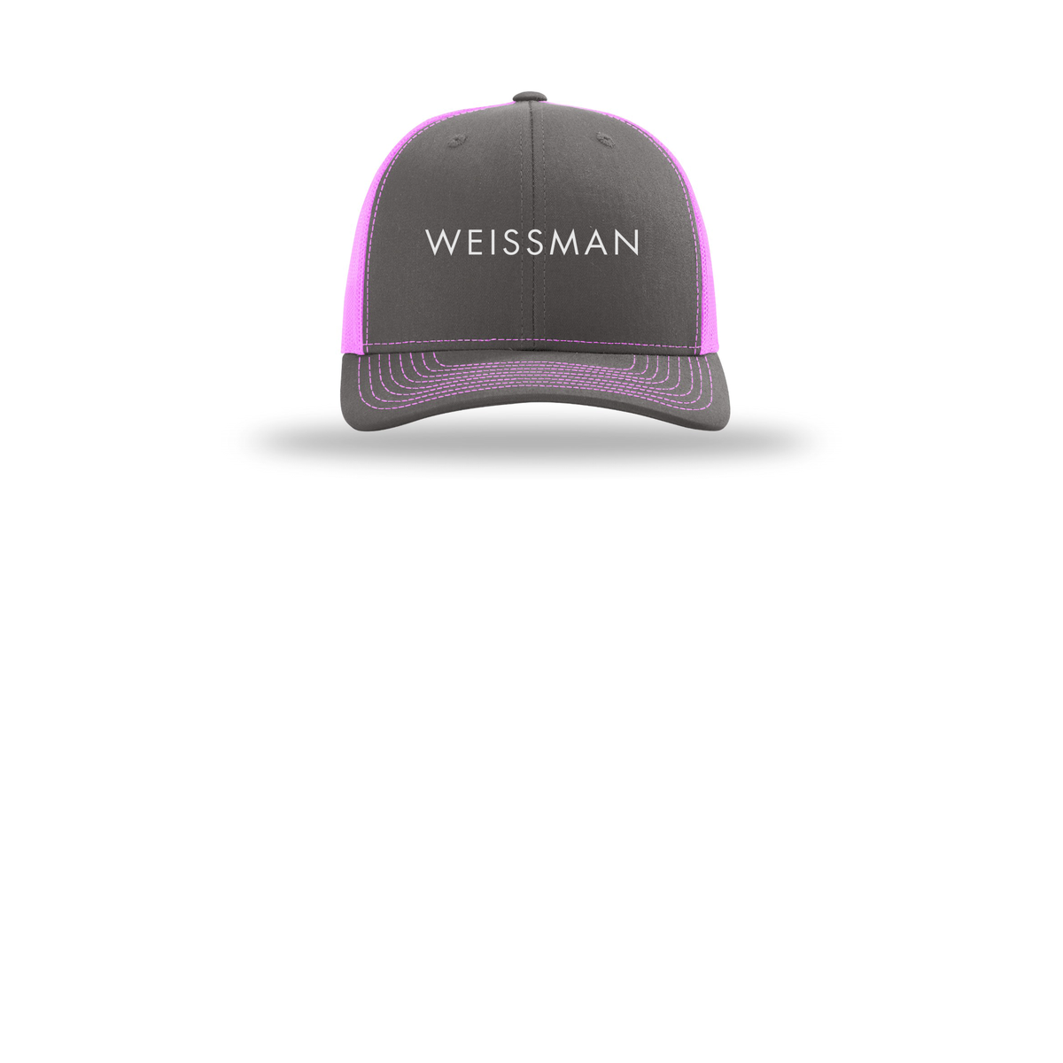 weissmans-richardson-trucker-cap-embroidery-capfront-R112-charcoalneonpink-flat-front