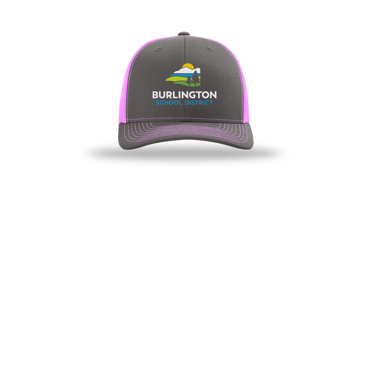 bsdvt-richardson-trucker-cap-embroidery-capfront-R112-charcoalneonpink-flat-front