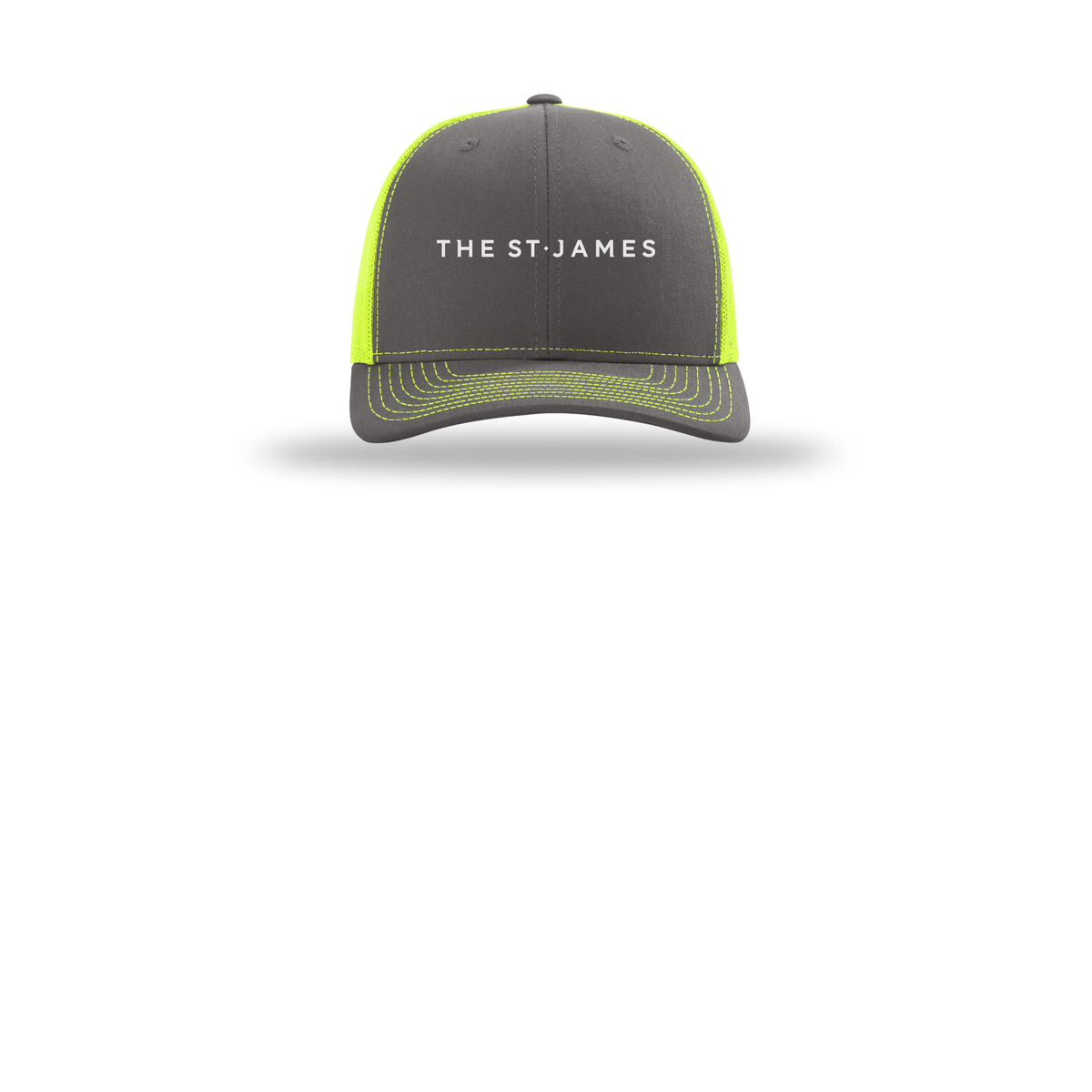 thestjames-richardson-trucker-cap-embroidery-capfront-R112-charcoalneonyellow-flat-front