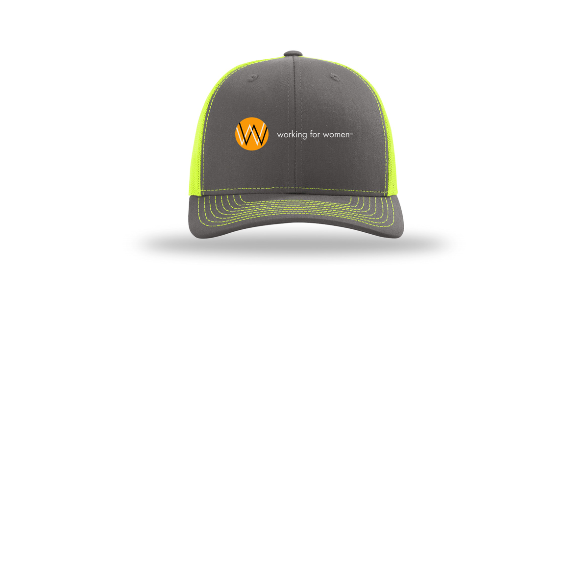 workingforwomen-richardson-trucker-cap-embroidery-capfront-R112-charcoalneonyellow-flat-front