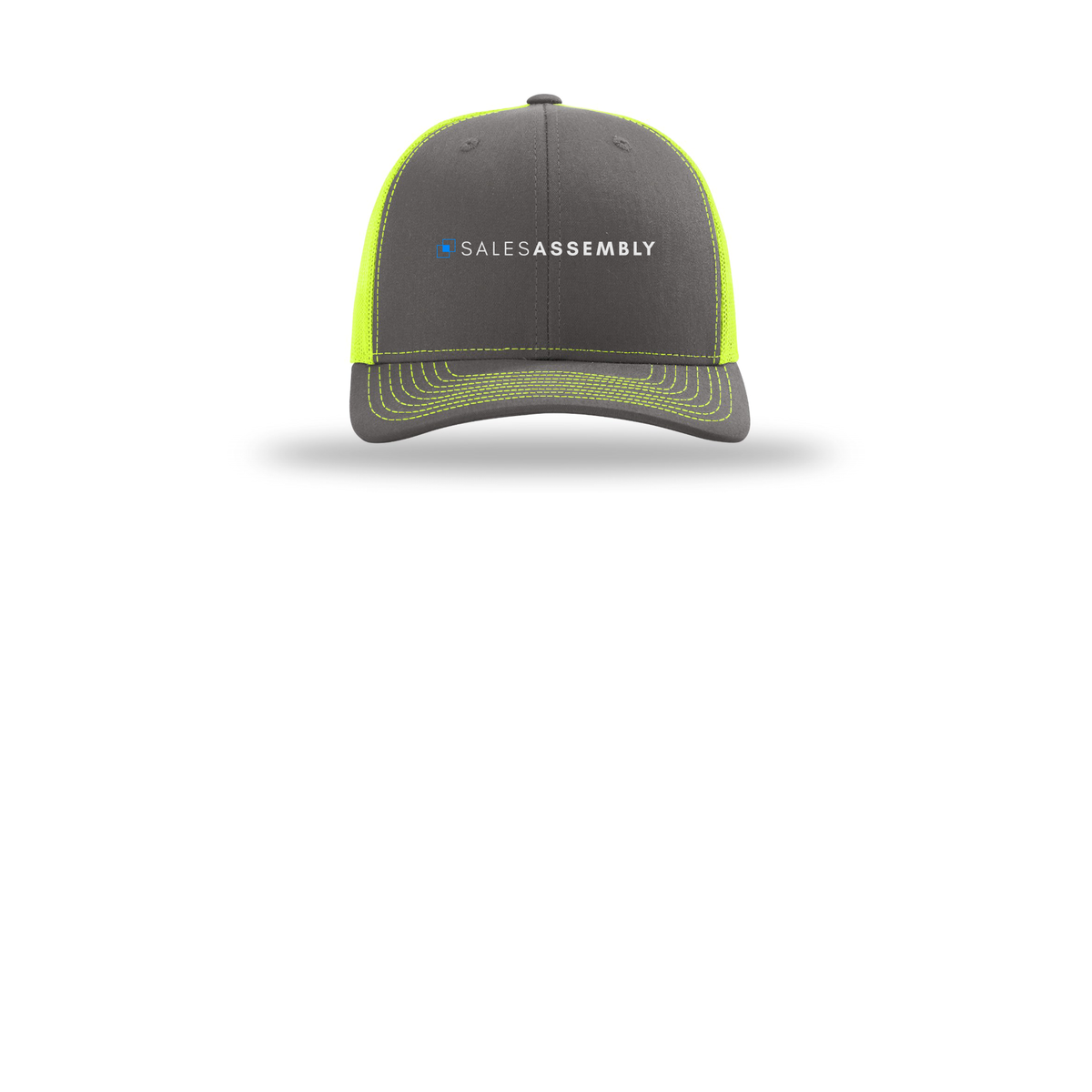 salesassembly-richardson-trucker-cap-embroidery-capfront-R112-charcoalneonyellow-flat-front