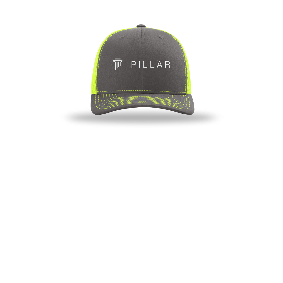 pillar-richardson-trucker-cap-embroidery-capfront-R112-charcoalneonyellow-flat-front