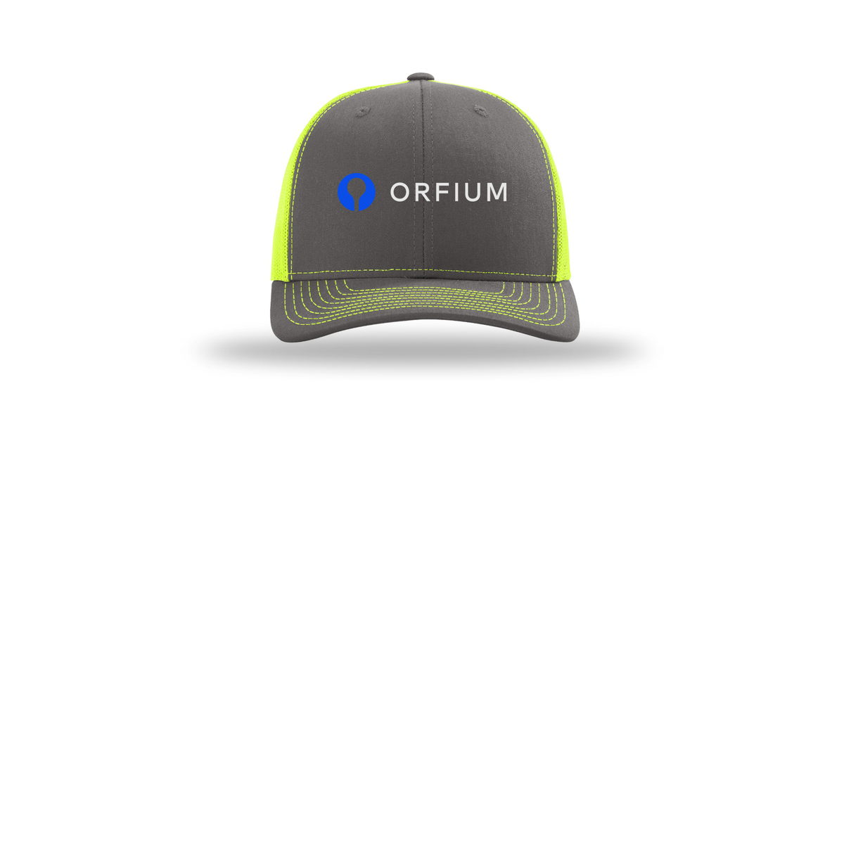 orfium-richardson-trucker-cap-embroidery-capfront-R112-charcoalneonyellow-flat-front