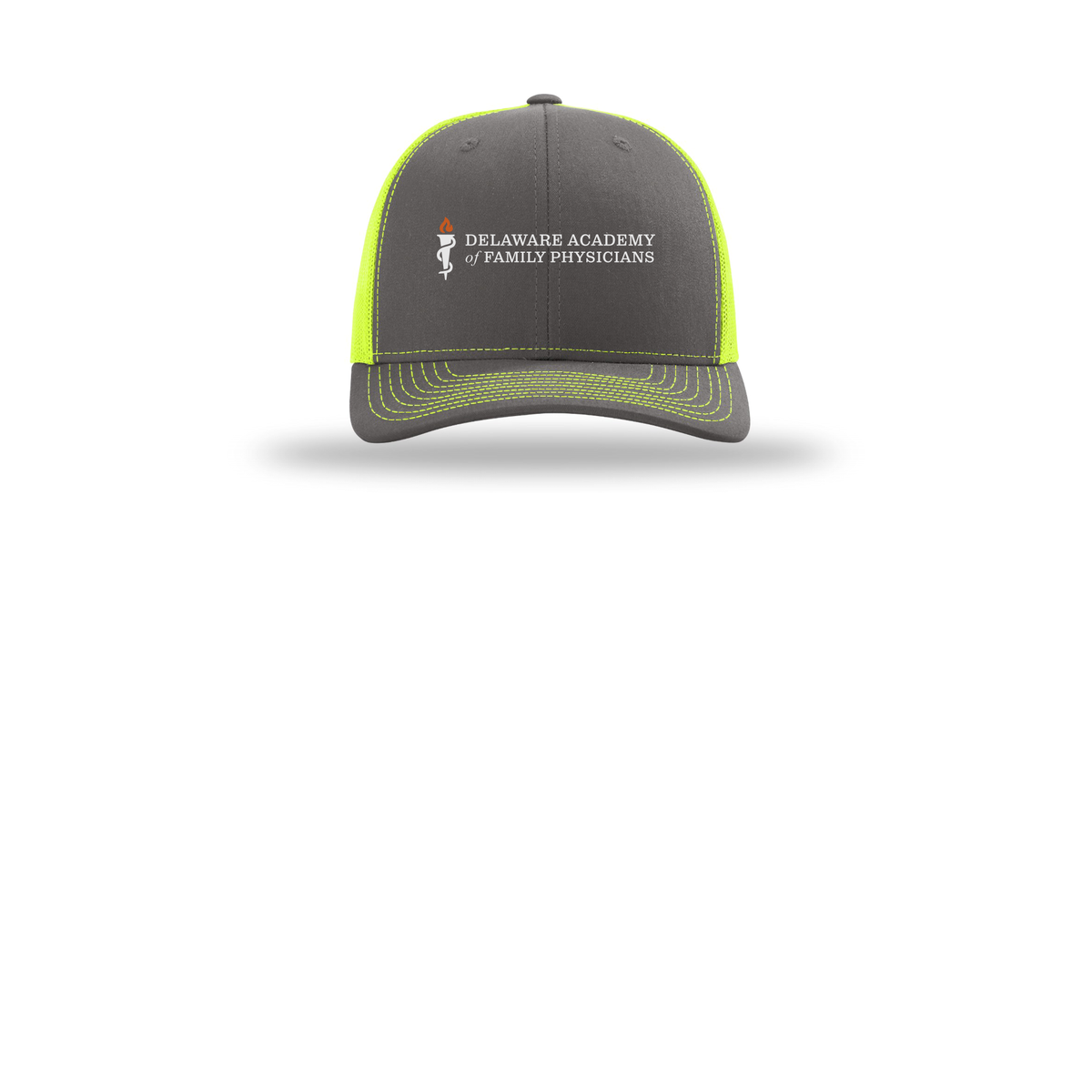 delfamdoc-richardson-trucker-cap-embroidery-capfront-R112-charcoalneonyellow-flat-front