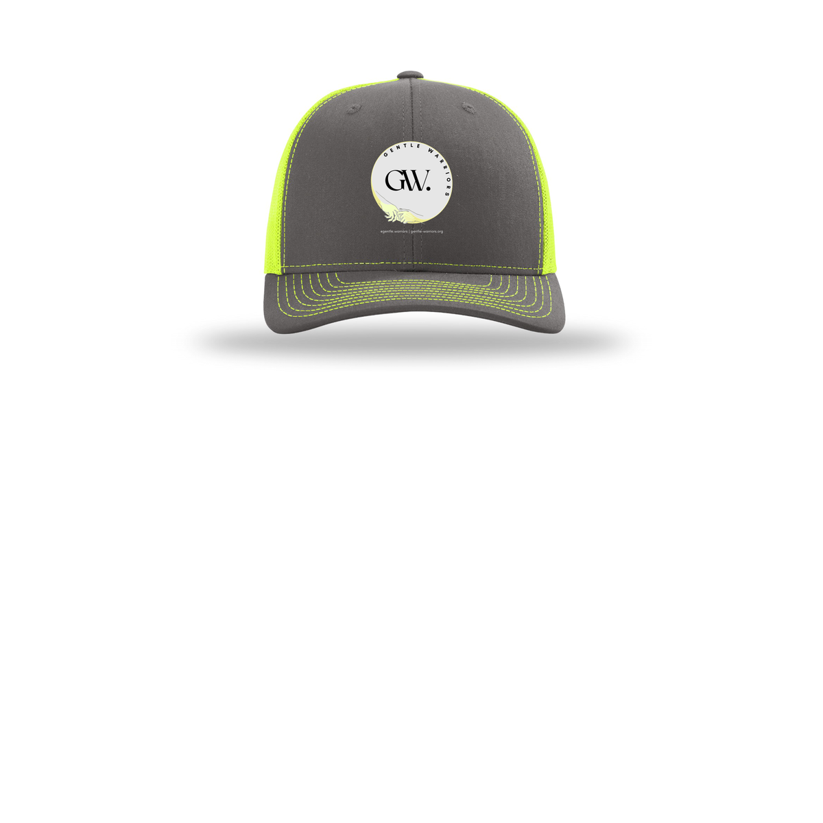 gentle-warriors-richardson-trucker-cap-embroidery-capfront-R112-charcoalneonyellow-flat-front