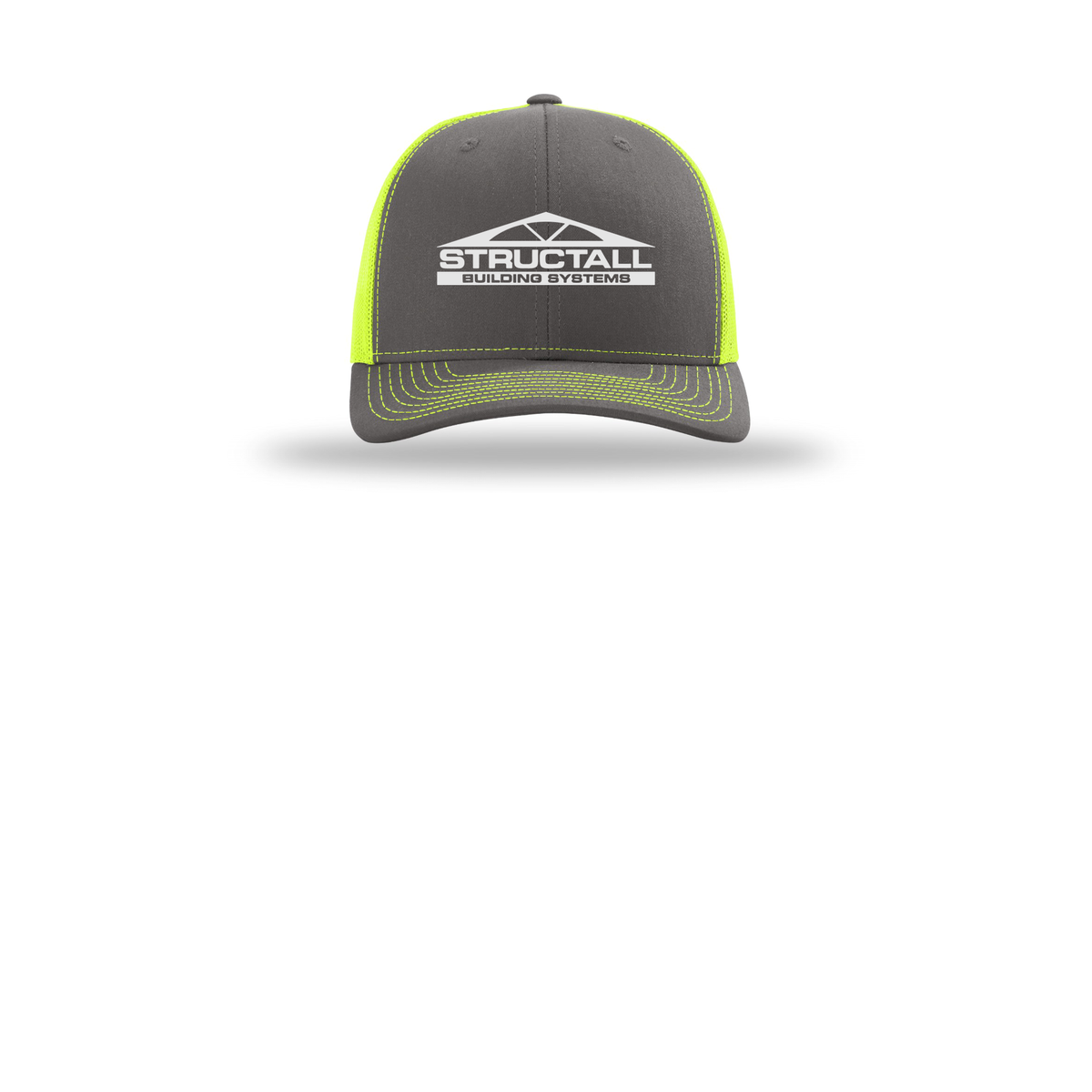 structall-richardson-trucker-cap-embroidery-capfront-R112-charcoalneonyellow-flat-front