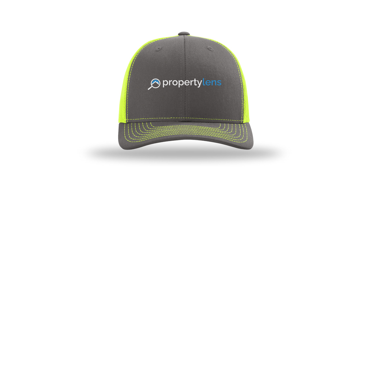 propertylens-richardson-trucker-cap-embroidery-capfront-R112-charcoalneonyellow-flat-front